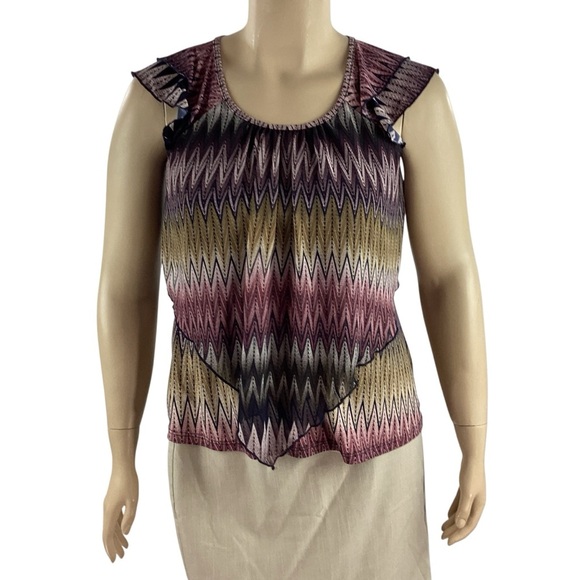 Dressbarn Layered Ruffle Sleeve Chevron Print Top Petite Large Multicolor - Picture 1 of 7
